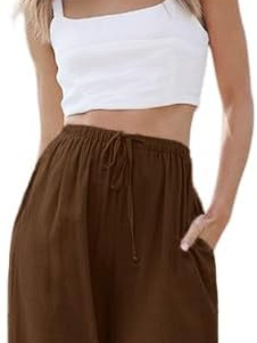 Linen WIde Leg Pants, Drawstring Waist, Coffee Brown, Size Medium